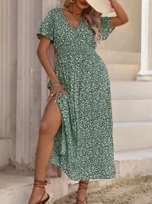 Breezaya Robe bohème grande taille à imprimé floral avec col en V, fente haute et taille froncée, pour les vacances et les loisirs, pour l'été