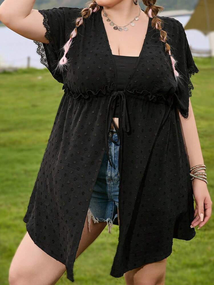 Plus Size Women Loose Drawstring Belt Batwing Sleeves Lace Splice Holiday Style Black Bicolor Clipped Texture Semi-Sheer Shirt For Summer Beach Outfits