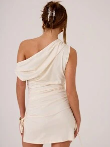 MUSERA Draped Asymmetrical Shoulder Mini Dress Spring Summer Vacation Bridal Bachelorette Hen Do Wedding - Cream - View 2