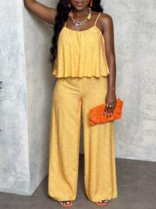 Slaydiva Allover Print Wide-Leg Jumpsuit For Vacation - Yellow - View 7
