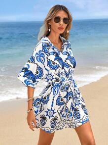 SHEIN VCAY Summer Women's Loose Floral Jumpsuit With Shirt Collar, Perfect For Casual & Holiday - Blue and White - View 4