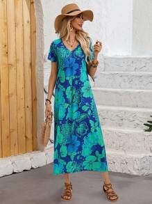 EMERY ROSE Women's Summer Holiday Floral Printed V-Neck Short Sleeve Dress