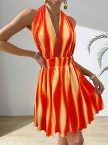 Breezaya 女士時尚印花打褶領口無背心假日連衣裙，帶領結 - 彩色 - 查看 3