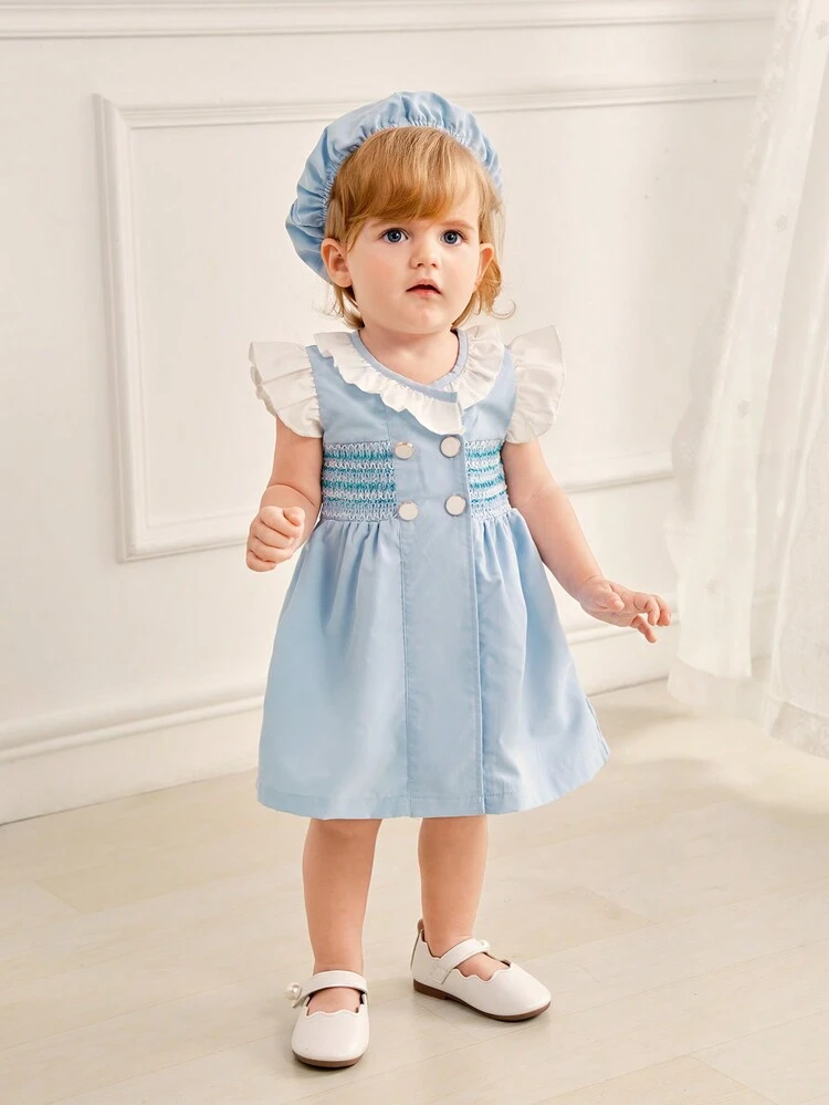 Baby Girl Summer Elegant And Sweet Double-Breasted Dress With Ruffle Trim And Short Sleeves