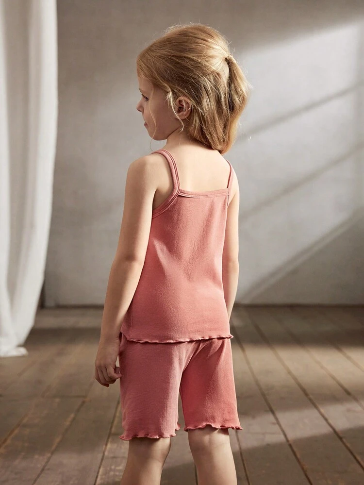 Young Girl Solid Color Soft Knitted Camisole Top And Casual Shorts, 2pcs/Set With Scallop Edge Trim