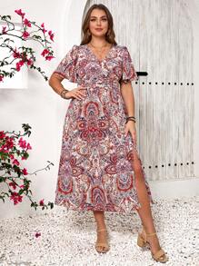 SHEIN Frenchy Vintage Style Printed V-Neck Vacation Dress For Plus Size Women - Multicolor - View 4