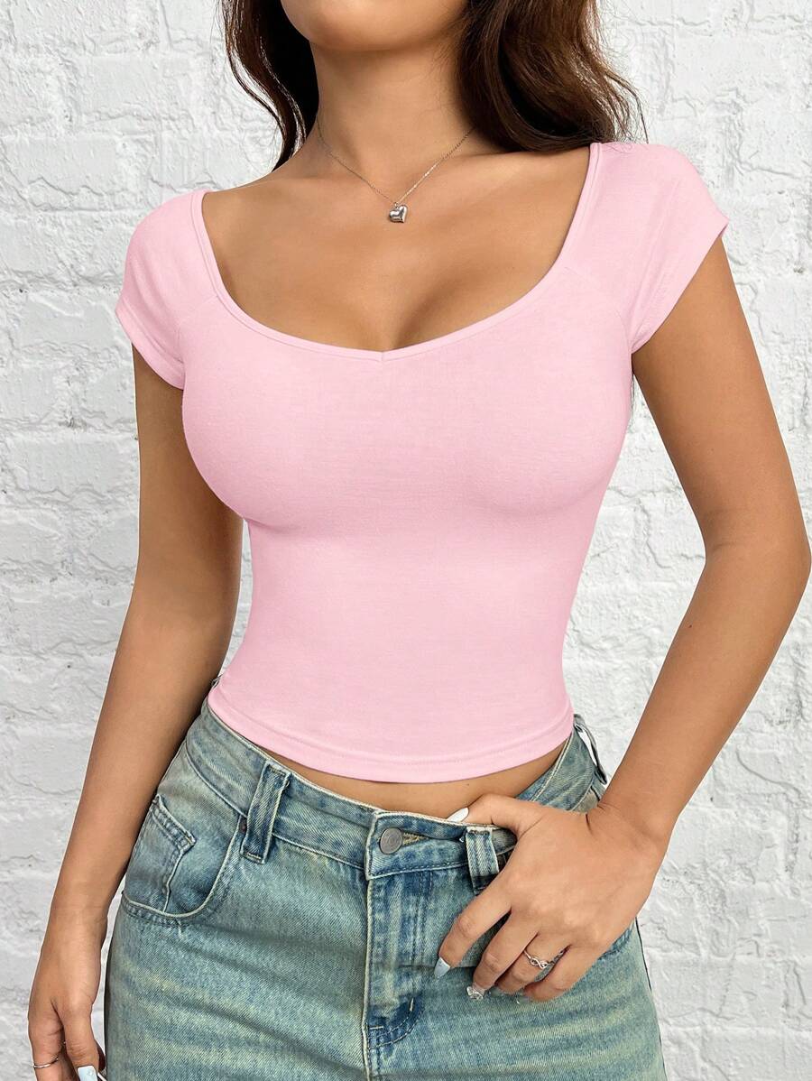 SHEIN EZwear Maglietta rosa a manica corta da donna con gonna corta, semplice a tinta unita, alla moda, aderente e attillata. - Rosa - Visualizzare 1