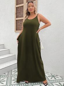 SHEIN LUNE 大尺碼女士純色側口袋休閒露肩長裙，夏季款 - 軍綠色 - 查看 2