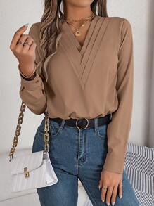 Elegant Triple V-Neck Solid Color Long Sleeve Shirt For Spring/Summer,Long Sleeve Tops - Khaki - View 2