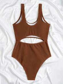 SHEIN Swim Solid Color Cut Out One-Piece Swimsuit Bathing Suit For Beach Vacation Summer - Coffee Brown - View 2