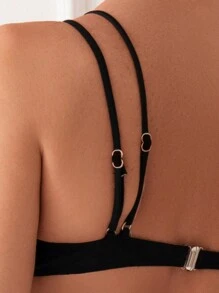 SHEIN Swim 夏季海灘女性單肩無袖中空性感比基尼套裝 - 黑色 - 查看 5