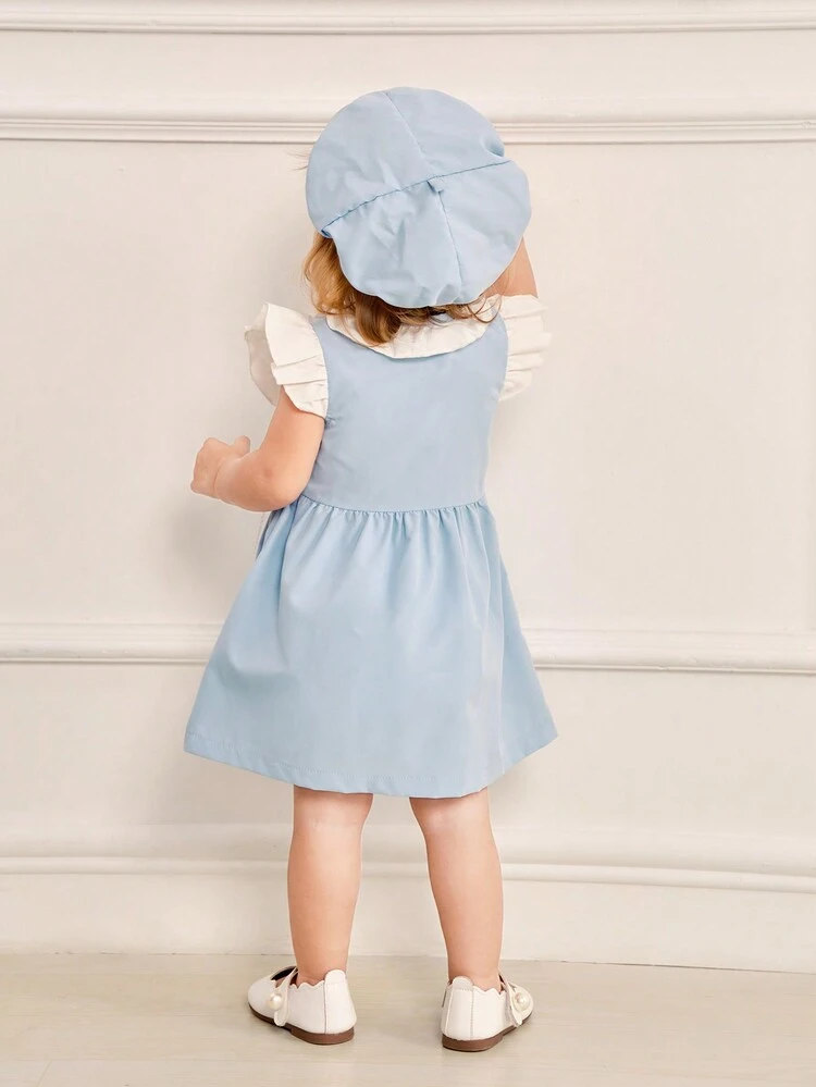 Baby Girl Summer Elegant And Sweet Double-Breasted Dress With Ruffle Trim And Short Sleeves