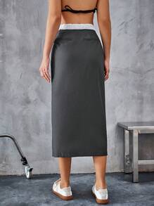 Aveloria Affinna Summer Casual Color-Block Elastic Waist Ruched Slit Design Skirt