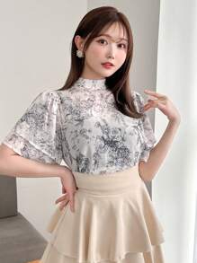 FRIFUL Designer Women's High-Necked Shirt With Drawstring Design And Printed Pattern Summer,Ruffle