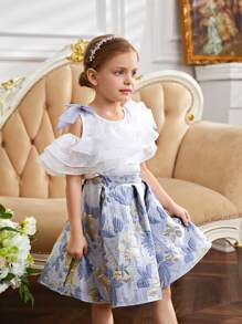SHEIN Set aus 2 Teilen für Kleine Mädchen: Gerüschte Bluse mit Puffärmeln und Jacquard Rock