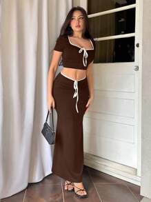 Aloruh 夏季情人節蝴蝶結綁帶短袖上衣和魚尾裙套裝，假日穿著 - 咖啡棕 - 查看 3