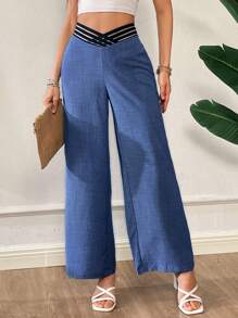 SHEIN Essnce Women's Summer Blue Denim Effect Fashionable V-Shaped Asymmetrical Waist Design Loose Wide-Leg Pants