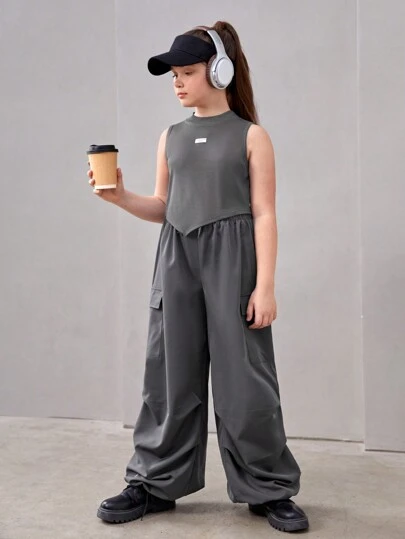 SHEIN Tween Girl Extended Size Casual Knit Solid Color Sleeveless Tank Top And Cargo Pants Set For Spring/Summer