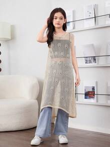 Mädchen im Alter zwischen 10 und 12 Jahren, japanischer Stil, lässiges Strand Sommerkleid mit Cut Out Ausschnitten und soliden Farben, Rundhalsausschnitt, ärmellos, zum Überziehen geeignet