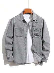 Manfinity EMRG Men's Casual Button-Front Letter Printed Denim Shirt - Light Grey - View 1