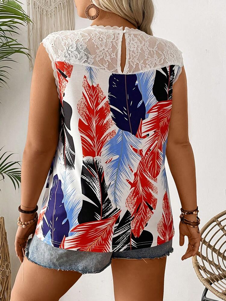 Plus Size Lace Trimmed Floral Printed Plant Pattern Women's Summer Tank Top, Holiday