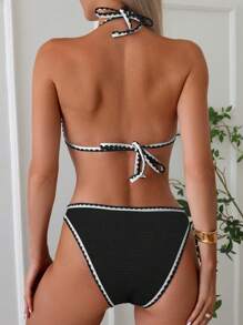 SHEIN Swim مجموعة بيكيني مثيرة مطبوعة بجلد الثعبان وتحتوي على قطعتين، الرقبة مربوطة برباط وزخرفة فتلة مناسب للقضاء على الإجازات الصيفية، شاطئ الصيفية للسيدات - الأسود - مشاهدة 2