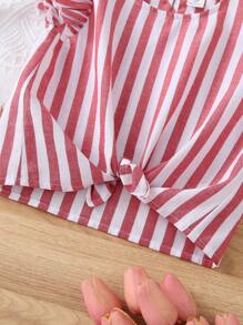 SHEIN Cô gái trẻ áo tay lửng sọc giản dị và thoải mái có cà vạt phía trước - Đỏ - Xem 8