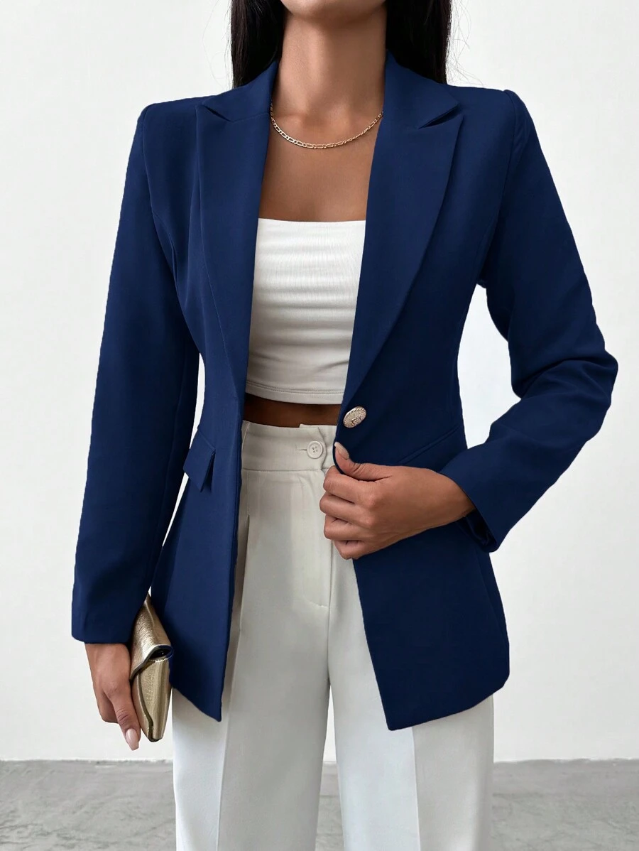 EURMUSE Solid Color Turn-Down Collar Single Breasted Blazers - Navy Blue - View 1