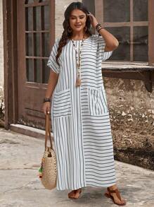 EMERY ROSE Plus Size Women's Striped Printed Batwing Sleeve Long Dress With Pockets, Loose Fit, Crew Neck, Spring/Summer