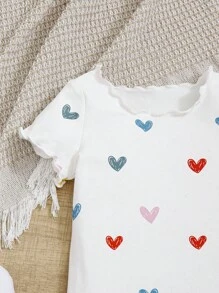 Baby Girls' Casual Heart Pattern Short Sleeve Top And Elastic Waist Long Pants Set
