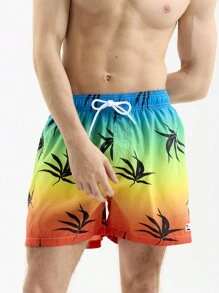 Manfinity Men Vacation Leisure Pool Plant Printed Tie-Dye Beach Shorts