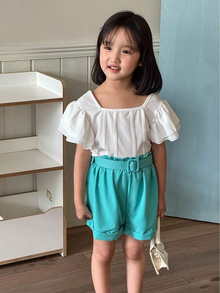 Young Girl Casual Flutter Sleeve Top And Paper Bag Waist Belted Shorts 2pcs/Set