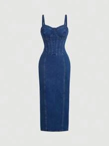 SHEIN PETITE Women's Backless Slit Hem Fitted Elegant Denim Cami Dress - Blue - View 9