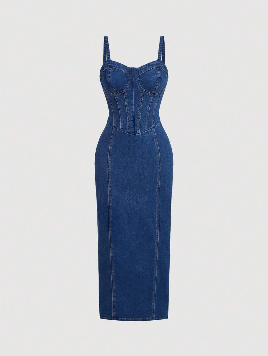 SHEIN MOD 女士純色後拉鍊牛仔連身褲，配細肩帶 - 藍色 - 查看 1