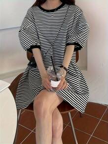 夏季休闲撞色条纹灯笼袖连衣裙