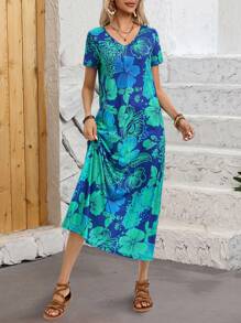 EMERY ROSE Women's Summer Holiday Floral Printed V-Neck Short Sleeve Dress