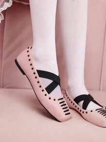 CUCCOO DOLLMOD Mary Jane Cross Elastic Strap Square Toe Flat Shoes Inspired By Parisian Dancer, For Women For Summer Vacation Shoes Summer