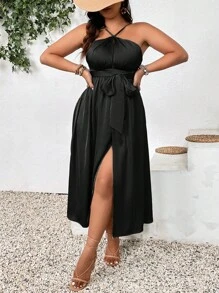 Celure Plus Size Wiązana na szyi, jednokolorowa, wakacyjna sukienka z odkrytymi plecami i odkrytymi plecami na lato