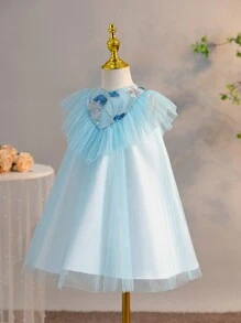 SHEIN Young Girls' Loose Cute Sequin Lace Splice Ruffle Hem Mesh Dress - Blue - View 5