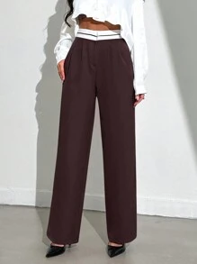 EURMUSE Pantalones De Traje De Pierna Recta Con Cintura De Color En Contraste Para Mujer - Marrón - Ver 1
