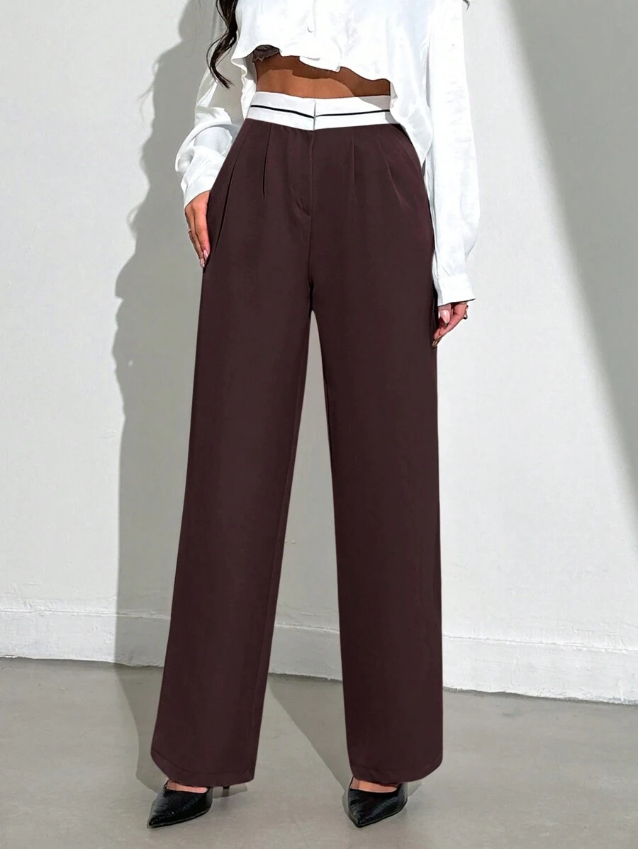 EURMUSE Pantalones De Traje De Pierna Recta Con Cintura De Color En Contraste Para Mujer - Marrón - Ver 1