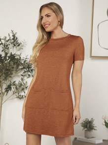 SHEIN LUNE Women's Round Neck Dress With Dual Pockets - Rust Brown - View 5