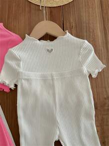 SHEIN LMoss Kids LMoss Baby Girl Casual Knitted Hollow Love Pattern Short Sleeve Top With Flared Pants 4pcs/Set - Hot Pink - View 9