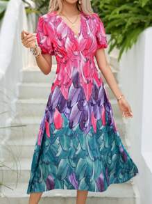 GENKIRA Women's Fashion Ombre Printed Short Sleeve Dress With Random Pattern - Multicolor - View 3