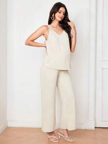 SHEIN Summer Maternity V-Neck Vest And Wide Leg Pants 2pcs Set - Apricot - View 8