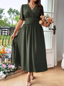 Flirla Plus Size Summer Surplice Neck Ruched Waist Dress Women Outfit