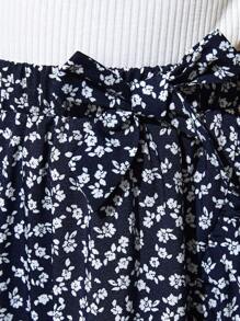 SHEIN Tween Girl casual lente/zomer gebreide mouwloze tanktop met vrolijke gebloemde rokset met ruches