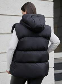 RueChic Plus Size Zip Up Hooded Puffer Vest Coat - Black - View 2