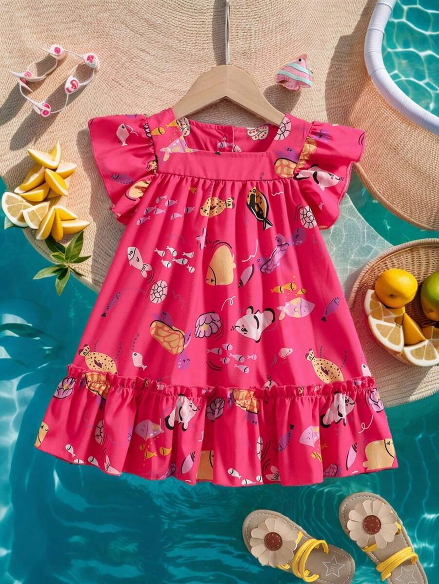 SHEIN Toddler Girls Fish Print Ruffle Hem Dress - Hot Pink - View 1