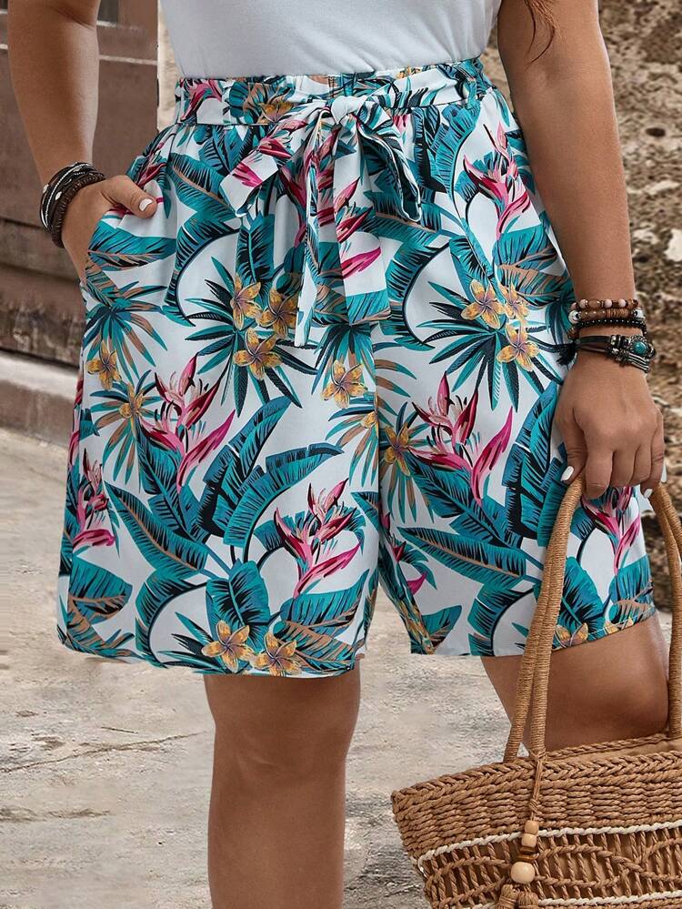 Plus Size Women's Tropical Plant Printed Loose Shorts With Pockets, Great For Vacations For Summer,Flower/Spring